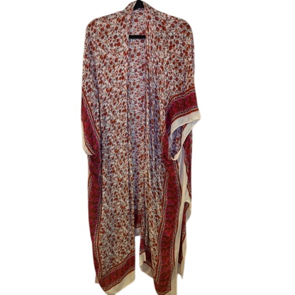 American Eagle Floral Kimono Wrap Orange Red Paisley Border OS